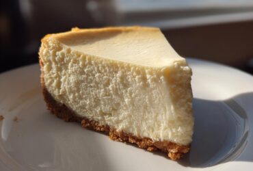 A perfect slice of creamy white chocolate cheesecake with a thick graham cracker crust, served on a white plate.