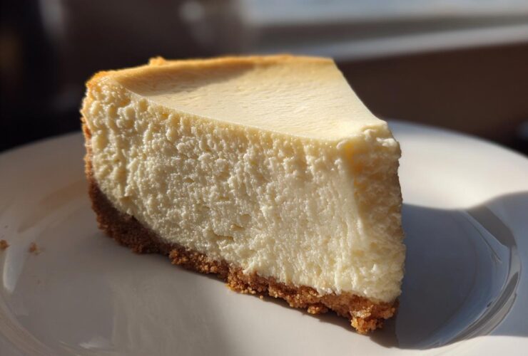 A perfect slice of creamy white chocolate cheesecake with a thick graham cracker crust, served on a white plate.