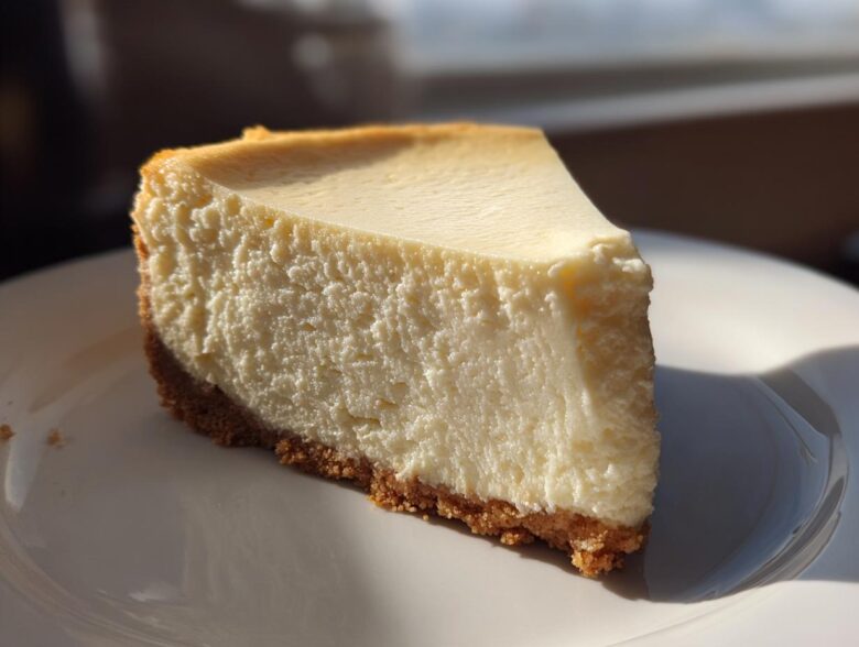 A perfect slice of creamy white chocolate cheesecake with a thick graham cracker crust, served on a white plate.