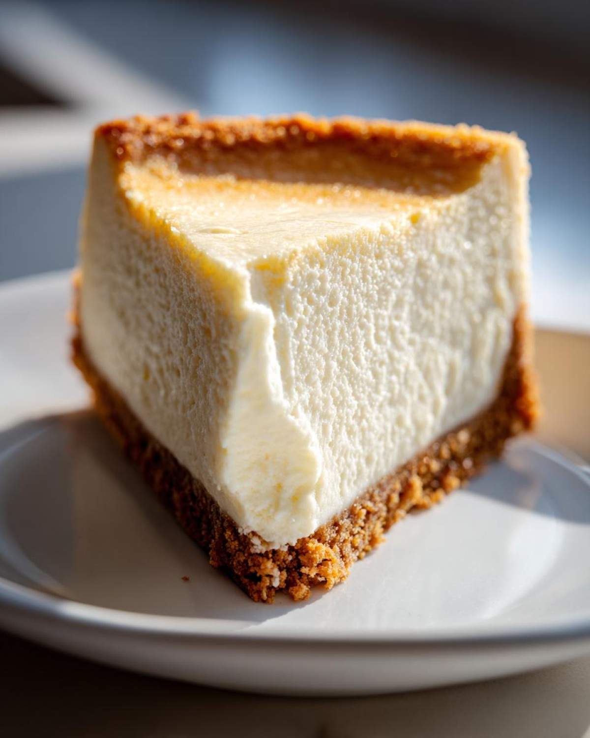 Close-up of a perfect slice of creamy white chocolate cheesecake with a thick graham cracker crust.