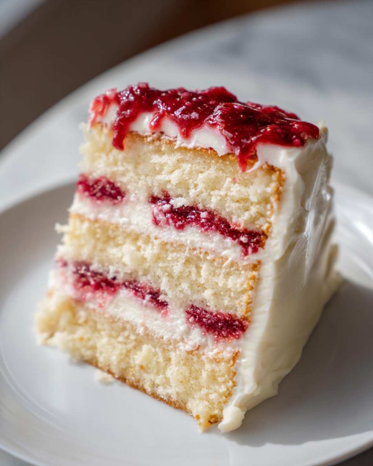 A close-up of a decadent slice of white chocolate raspberry cake showing four layers of white cake, cream filling, and raspberry jam topping.