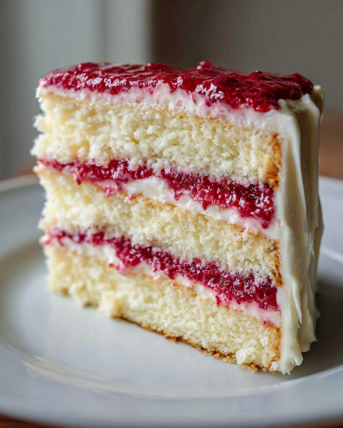 Close-up of a tall slice of white chocolate raspberry cake featuring three layers of white cake, raspberry filling, and white frosting.