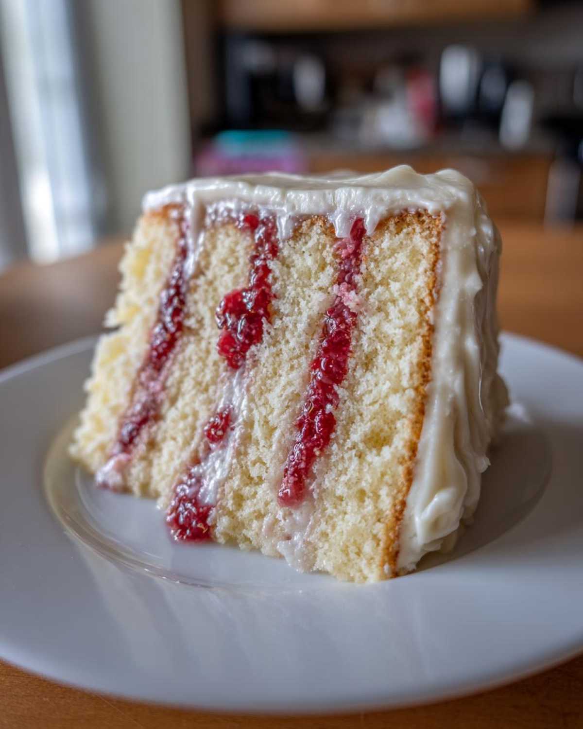 Close-up of a moist slice of white chocolate raspberry cake layered with raspberry filling and topped with white frosting.
