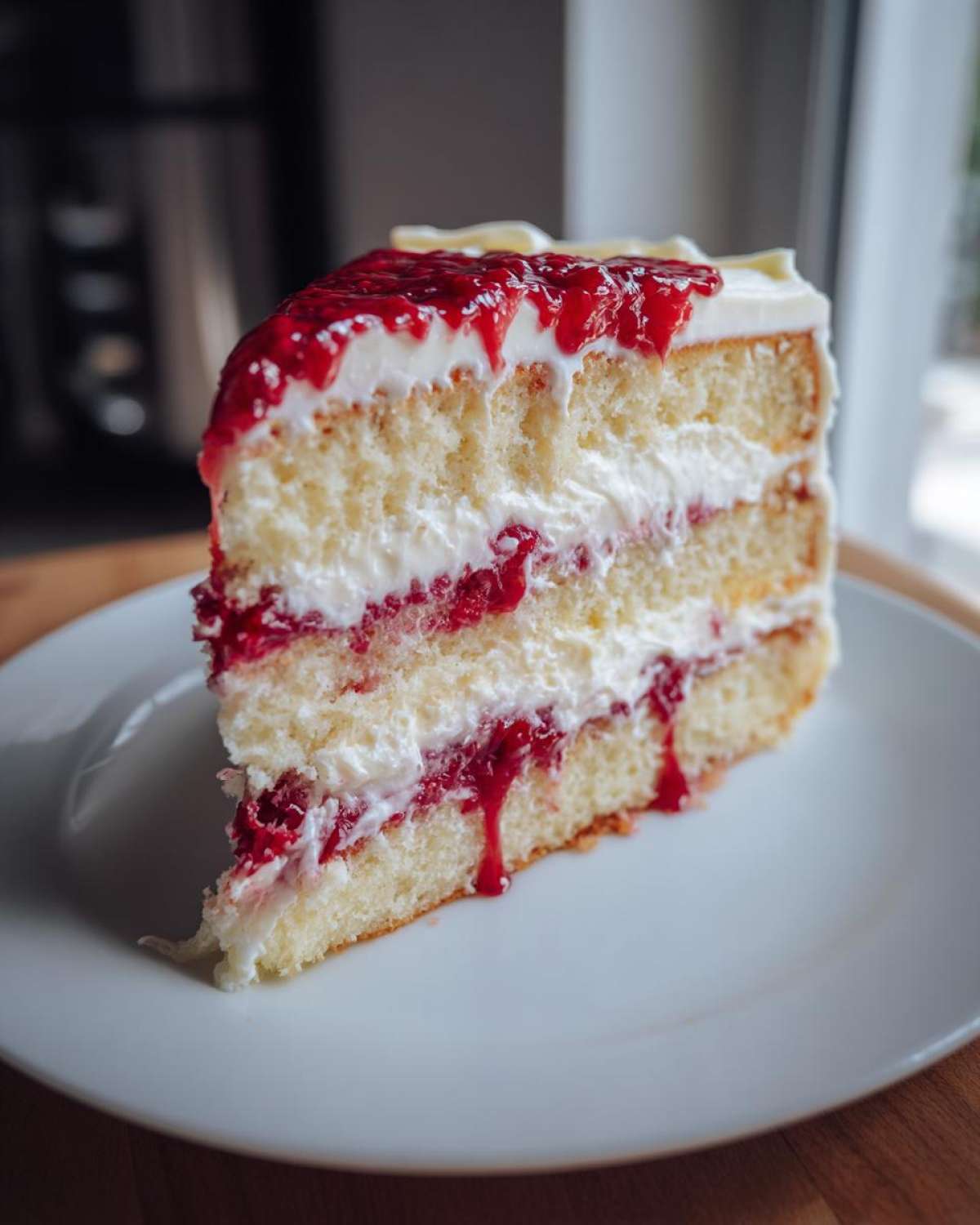A tall slice of white chocolate raspberry cake featuring layers of white cake, cream, and bright red raspberry filling.