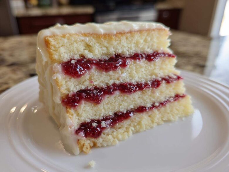Close-up of a delicious slice of white chocolate raspberry cake showing three layers of white cake and raspberry filling.