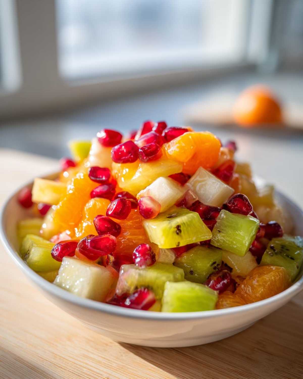 Close-up of a bowl filled with colorful winter fruit salad featuring kiwi, orange segments, and bright pomegranate seeds.