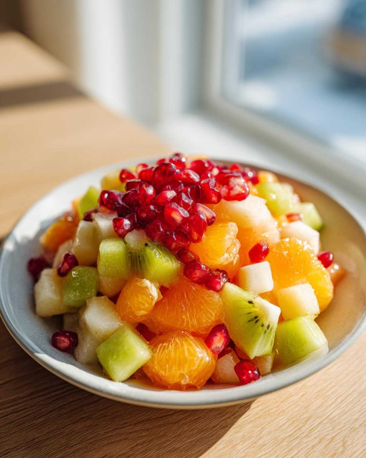 Close-up of a vibrant winter fruit salad featuring kiwi, orange segments, and topped with bright red pomegranate seeds.