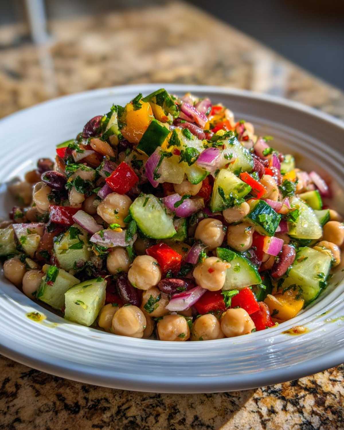 Close-up of a vibrant, zesty bean salad featuring chickpeas, cucumbers, red onion, and peppers.