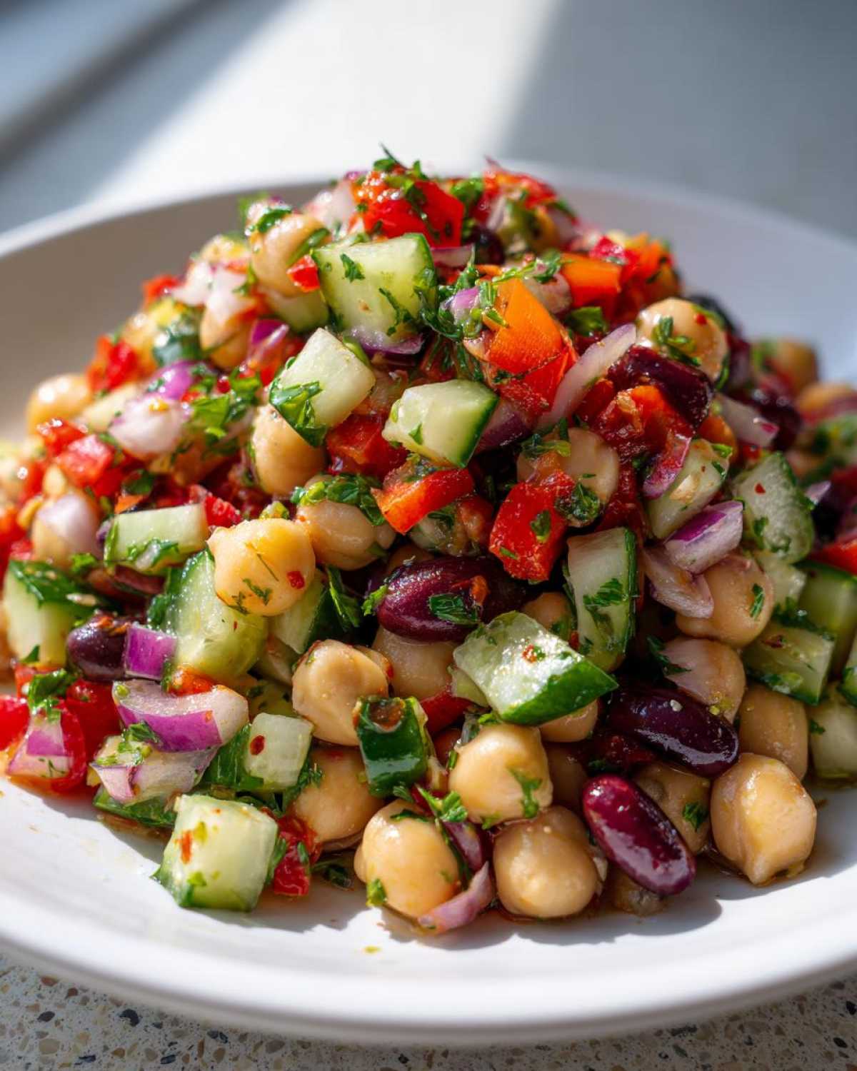 A vibrant, close-up view of a fresh bean salad featuring chickpeas, kidney beans, cucumber, red onion, and bell pepper.