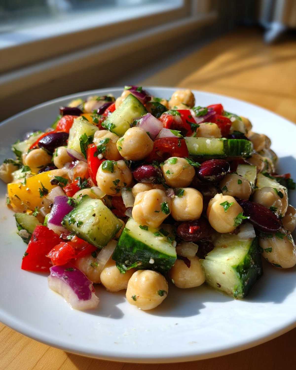 Close-up of a vibrant, zesty bean salad featuring chickpeas, kidney beans, cucumber, and red onion.