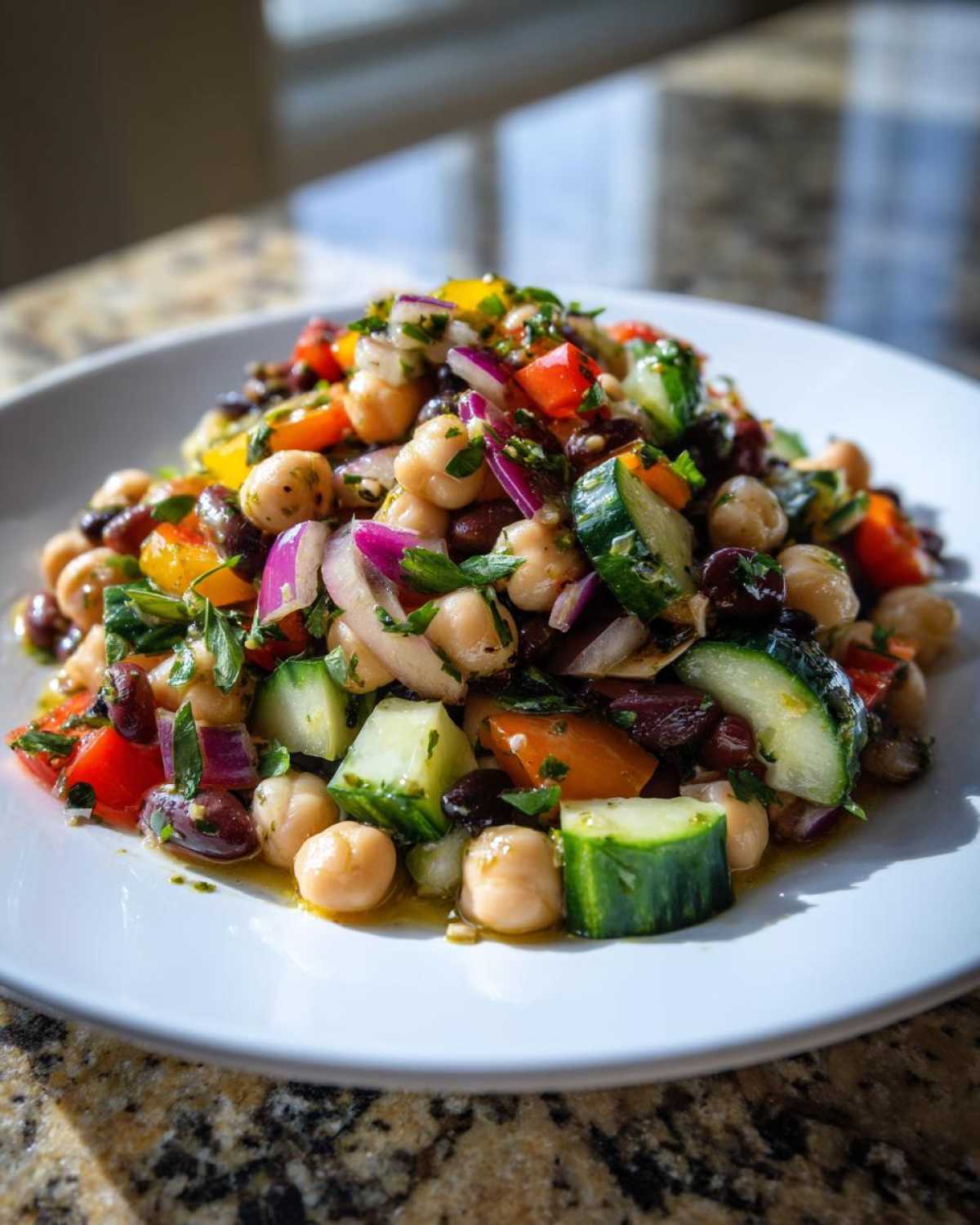 A vibrant close-up of a fresh bean salad featuring chickpeas, black beans, cucumber, red onion, and peppers, dressed lightly.