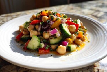 A vibrant serving of zesty bean salad featuring chickpeas, cucumber, red onion, and bell peppers on a white plate.