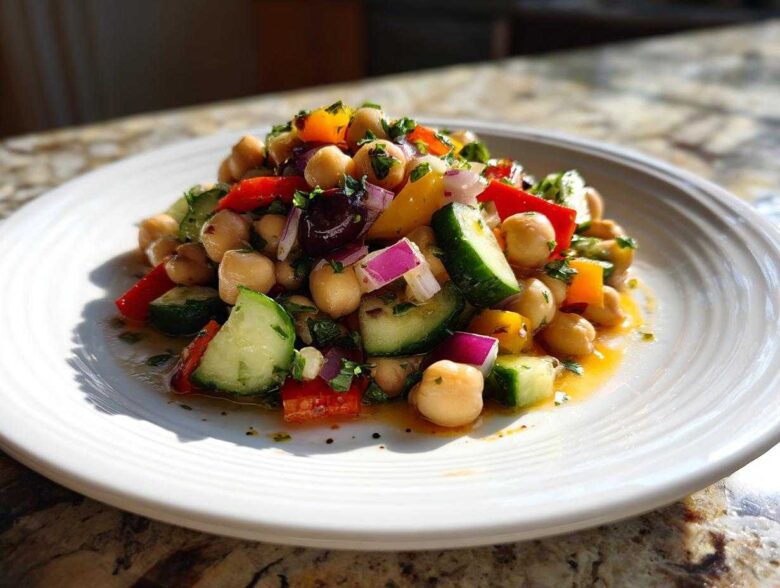 A vibrant serving of zesty bean salad featuring chickpeas, cucumber, red onion, and bell peppers on a white plate.