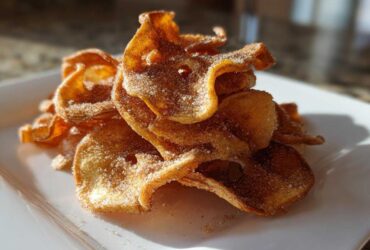 A pile of crispy, golden Air Fryer Cinnamon Sugar Apple Chips dusted heavily with cinnamon sugar on a white plate.