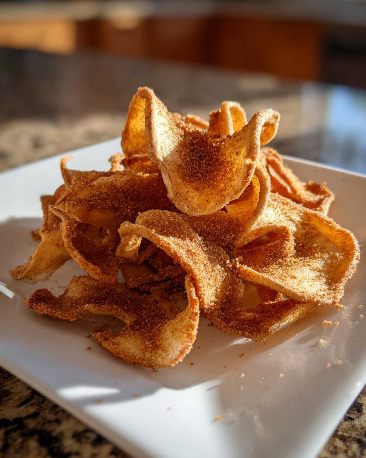 A pile of crispy, curled Air Fryer Cinnamon Sugar Apple Chips heavily dusted with cinnamon sugar on a white plate.