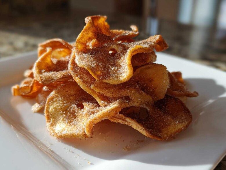 A pile of crispy, golden Air Fryer Cinnamon Sugar Apple Chips dusted heavily with cinnamon sugar on a white plate.