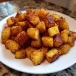 A mound of golden brown, crispy Air Fryer Crispy Breakfast Potatoes with Paprika piled high on a white plate.
