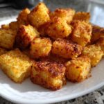 A pile of golden brown Air Fryer Crispy Breakfast Potatoes with Paprika served on a white plate.