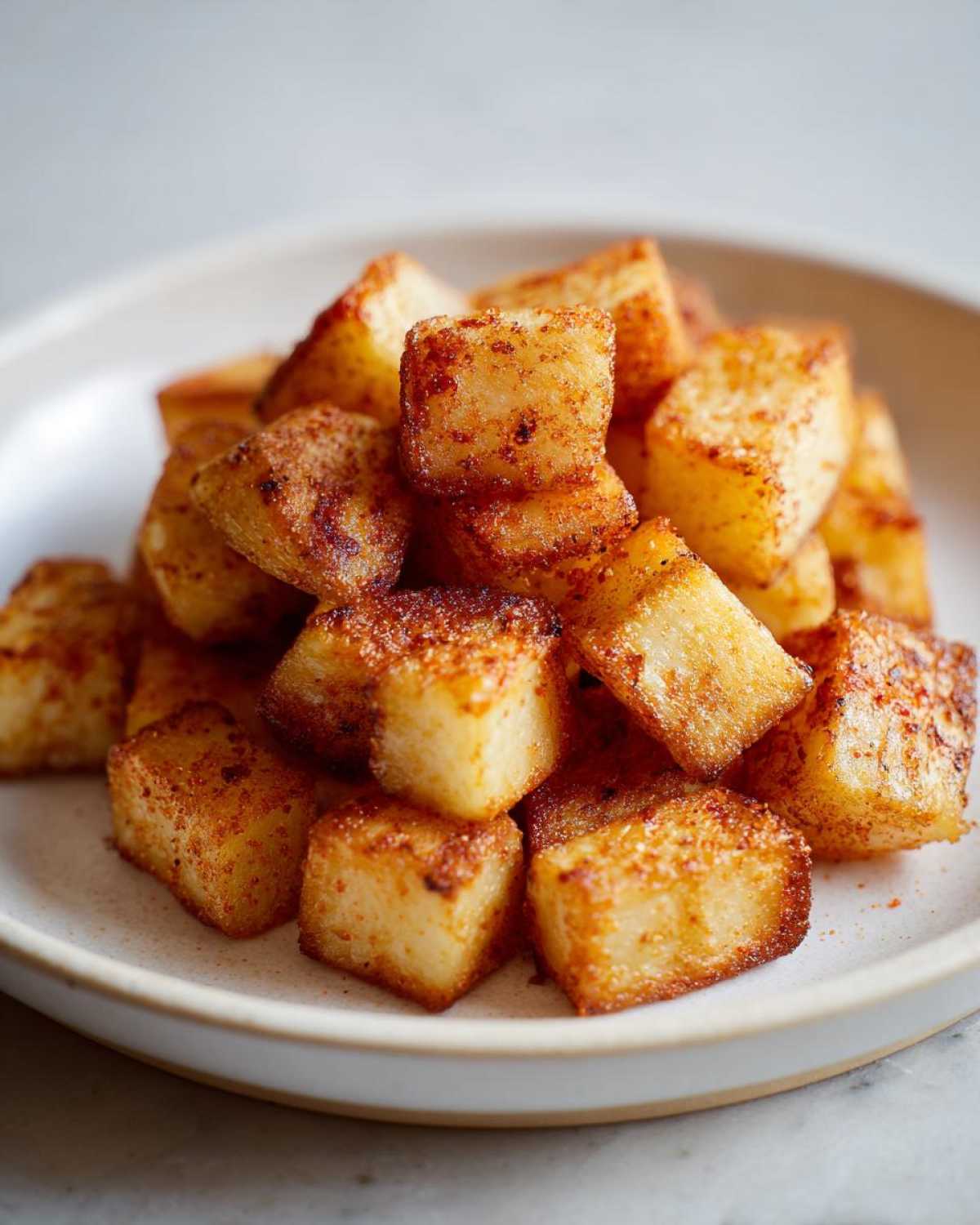 Close-up of perfectly crispy Air Fryer Crispy Breakfast Potatoes with Paprika piled on a light ceramic plate.