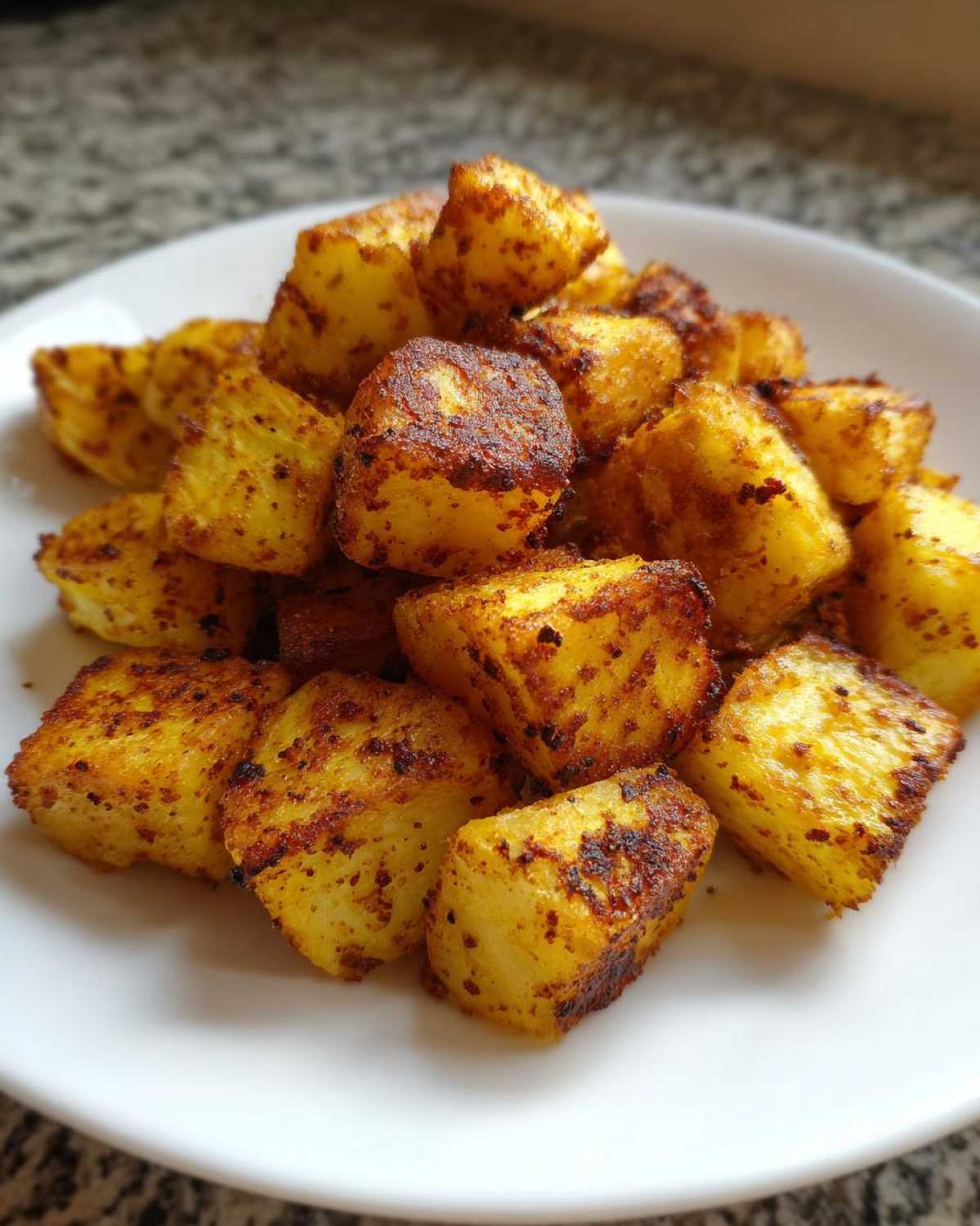 A pile of golden, crispy Air Fryer Crispy Breakfast Potatoes with Paprika served on a white plate.
