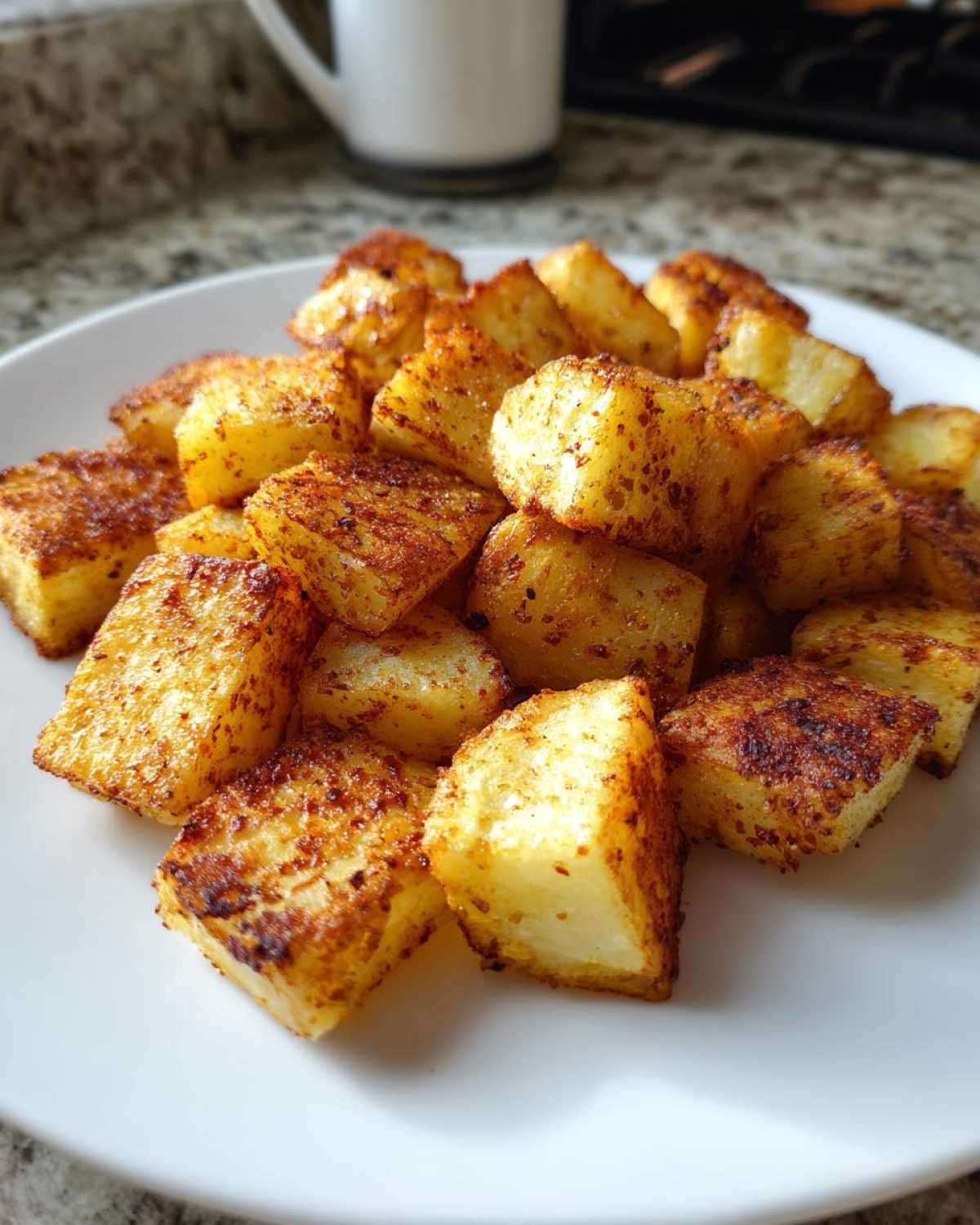 Close-up of golden brown Air Fryer Crispy Breakfast Potatoes with Paprika served on a white plate.