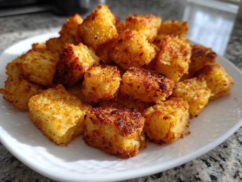 A pile of golden brown Air Fryer Crispy Breakfast Potatoes with Paprika served on a white plate.