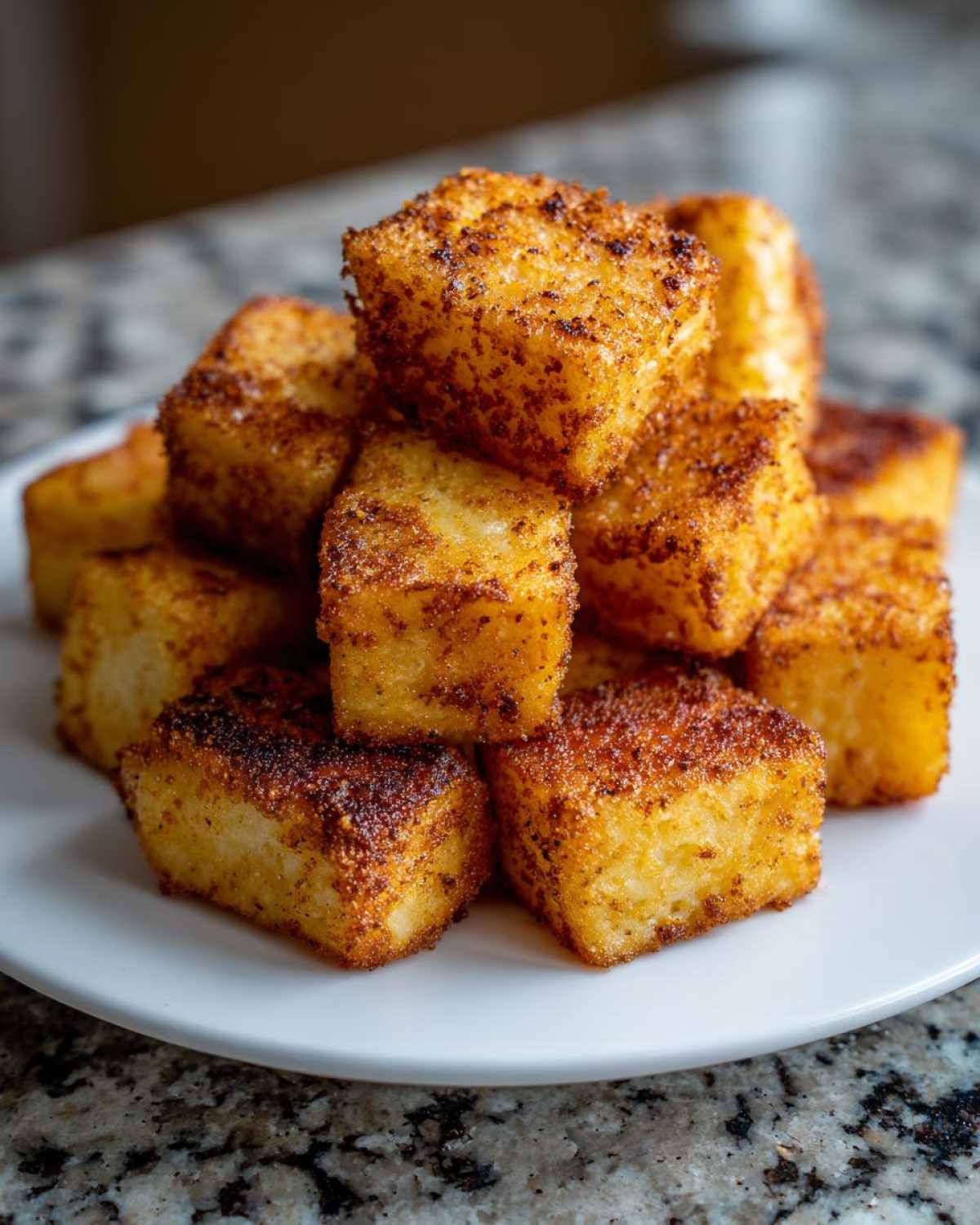 A stack of golden brown, crispy Air Fryer Crispy Breakfast Potatoes with Paprika cubes piled on a white plate.