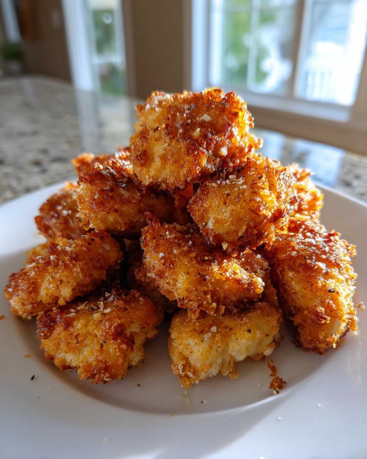 A pile of golden brown Air Fryer Crispy Fish Nuggets seasoned with lemon pepper on a white plate.
