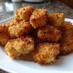 A pile of golden brown, crispy Air Fryer Crispy Fish Nuggets seasoned with herbs and lemon pepper on a white plate.