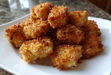 A pile of golden brown, crispy Air Fryer Crispy Fish Nuggets seasoned with herbs and lemon pepper on a white plate.