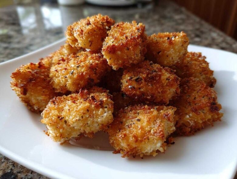 A pile of golden brown, crispy Air Fryer Crispy Fish Nuggets seasoned with herbs and lemon pepper on a white plate.
