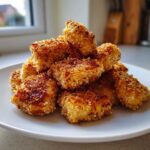 A pile of golden brown Air Fryer Crispy Fish Nuggets with Lemon Pepper stacked on a white plate.