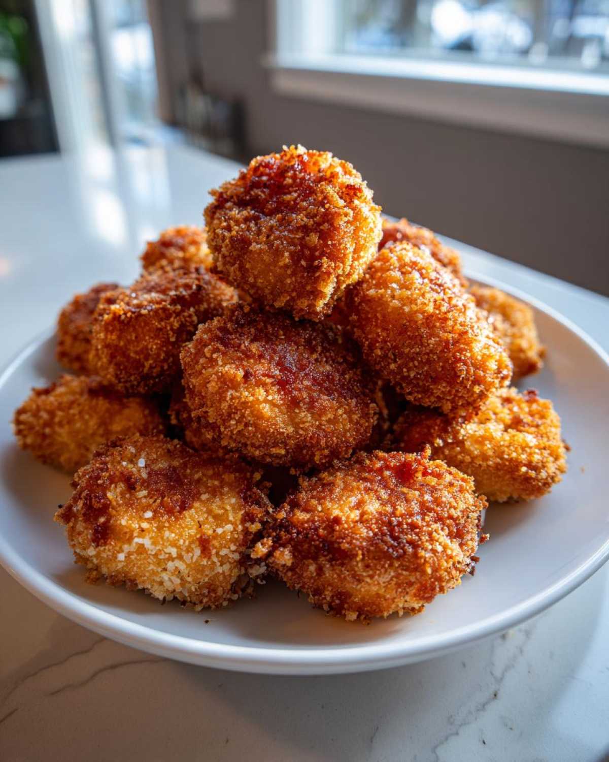 A pile of golden brown Air Fryer Crispy Fish Nuggets with a crunchy coating, served on a white plate.