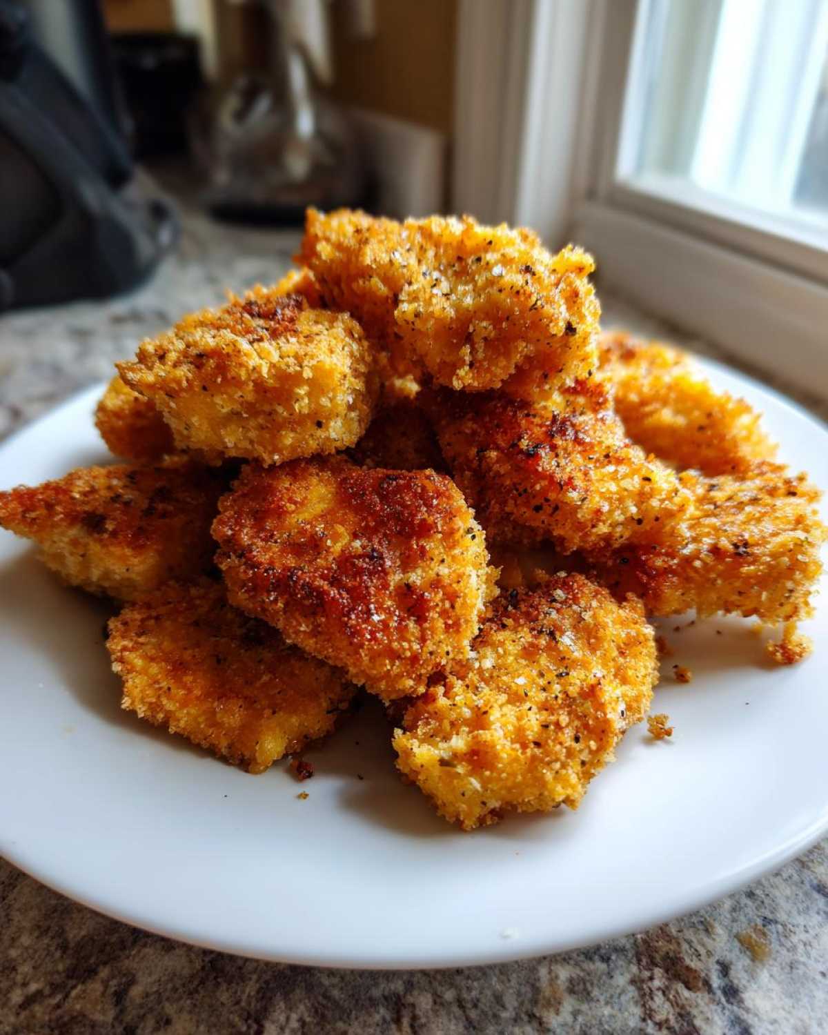 A close-up of a pile of golden brown Air Fryer Crispy Fish Nuggets seasoned with lemon pepper on a white plate.