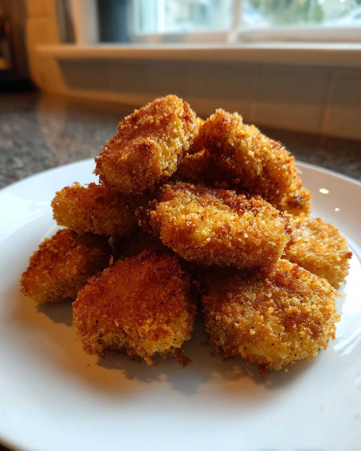A close-up stack of golden brown, crispy Air Fryer Crispy Fish Nuggets seasoned with lemon pepper on a white plate.