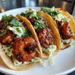 Three delicious Air Fryer Crispy Garlic Shrimp Tacos filled with seasoned shrimp, slaw, and cilantro on a white plate.