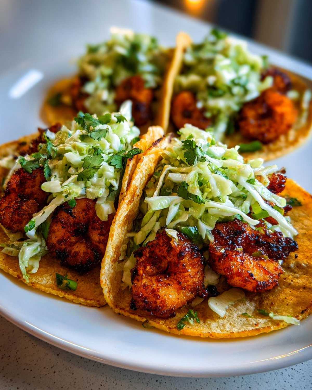 Close-up of two Air Fryer Crispy Garlic Shrimp Tacos topped with slaw and cilantro on a white plate.