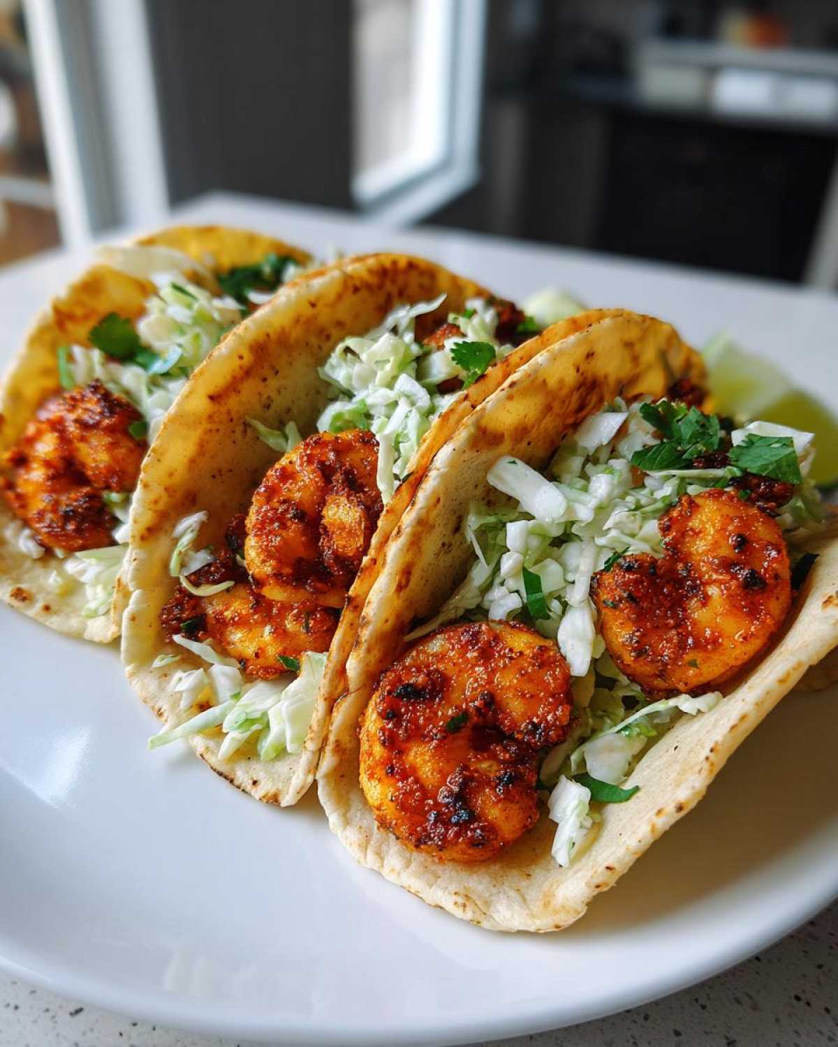 Three Air Fryer Crispy Garlic Shrimp Tacos filled with seasoned shrimp and coleslaw on a white plate.