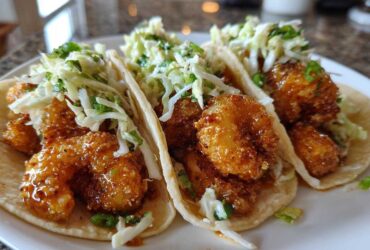 Three Air Fryer Crispy Garlic Shrimp Tacos topped with fresh coleslaw on a white plate.
