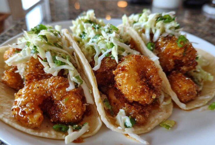 Three Air Fryer Crispy Garlic Shrimp Tacos topped with fresh coleslaw on a white plate.