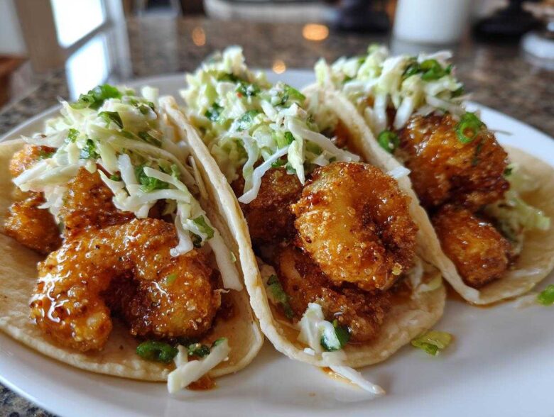 Three Air Fryer Crispy Garlic Shrimp Tacos topped with fresh coleslaw on a white plate.