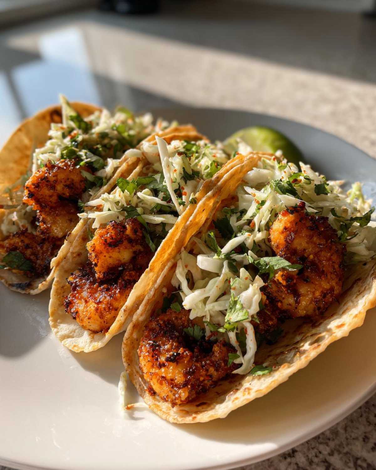Three Air Fryer Crispy Garlic Shrimp Tacos filled with seasoned shrimp and coleslaw on a white plate.