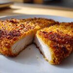 Close-up of a perfectly cooked Air Fryer Crispy Pork Schnitzel Cutlet, sliced to show the juicy interior and golden breading.