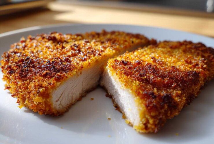 Close-up of a perfectly cooked Air Fryer Crispy Pork Schnitzel Cutlet, sliced to show the juicy interior and golden breading.