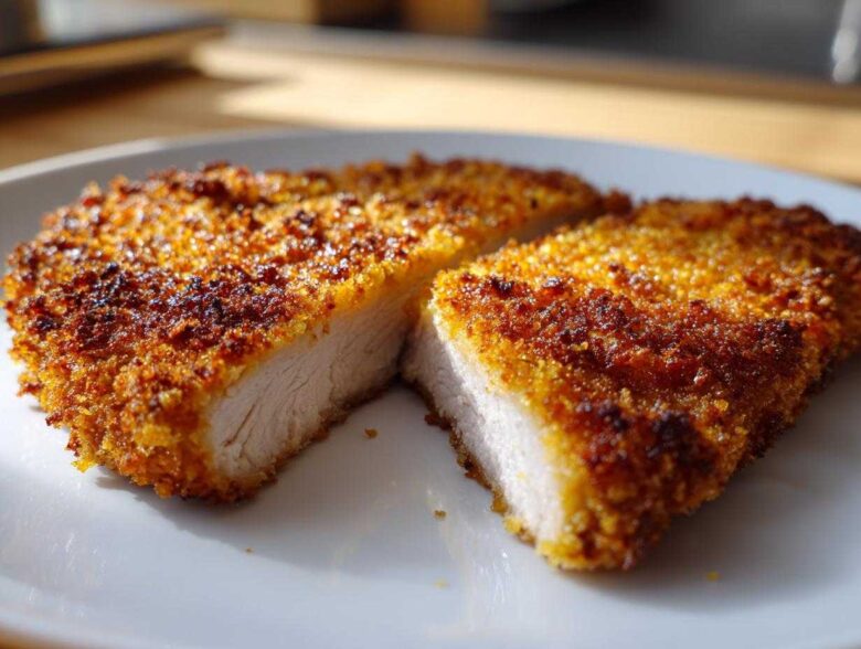 Close-up of a perfectly cooked Air Fryer Crispy Pork Schnitzel Cutlet, sliced to show the juicy interior and golden breading.