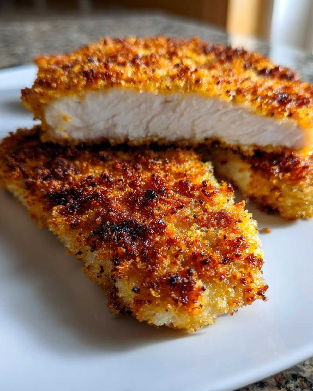 Close-up of Air Fryer Crispy Pork Schnitzel Cutlets, showing a golden-brown, textured crust and juicy white interior.