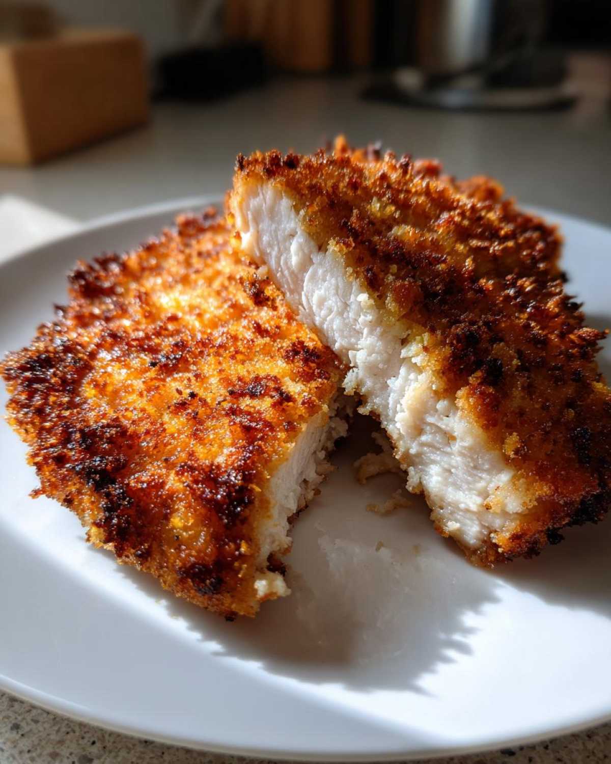 Close-up of Air Fryer Crispy Pork Schnitzel Cutlets cut in half showing juicy white meat and golden brown crust.