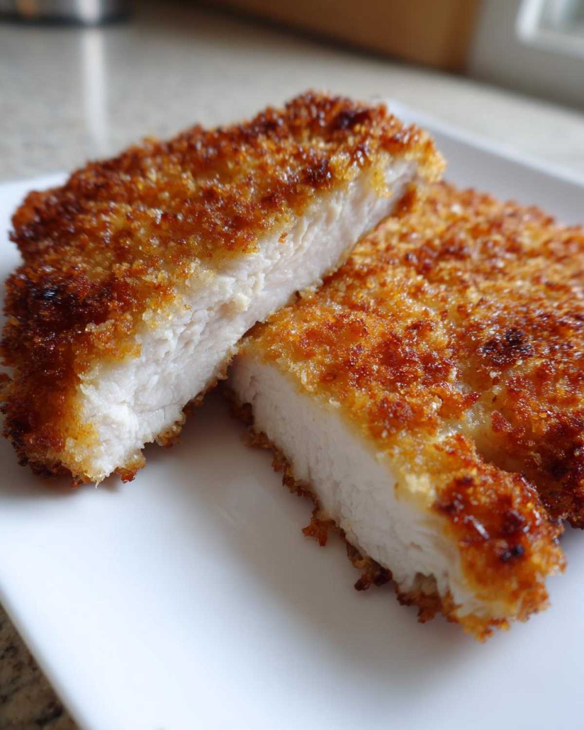 Two halves of Air Fryer Crispy Pork Schnitzel Cutlets showing the golden, crunchy breading and juicy white interior.