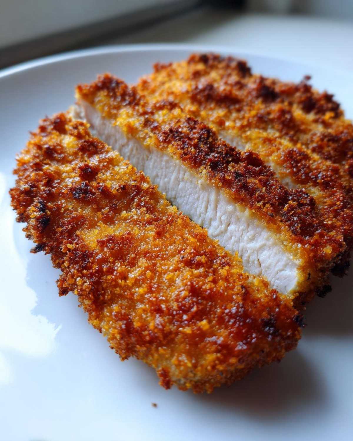 Close-up of a golden brown, crispy Air Fryer Crispy Pork Schnitzel Cutlet sliced in half showing juicy white meat.