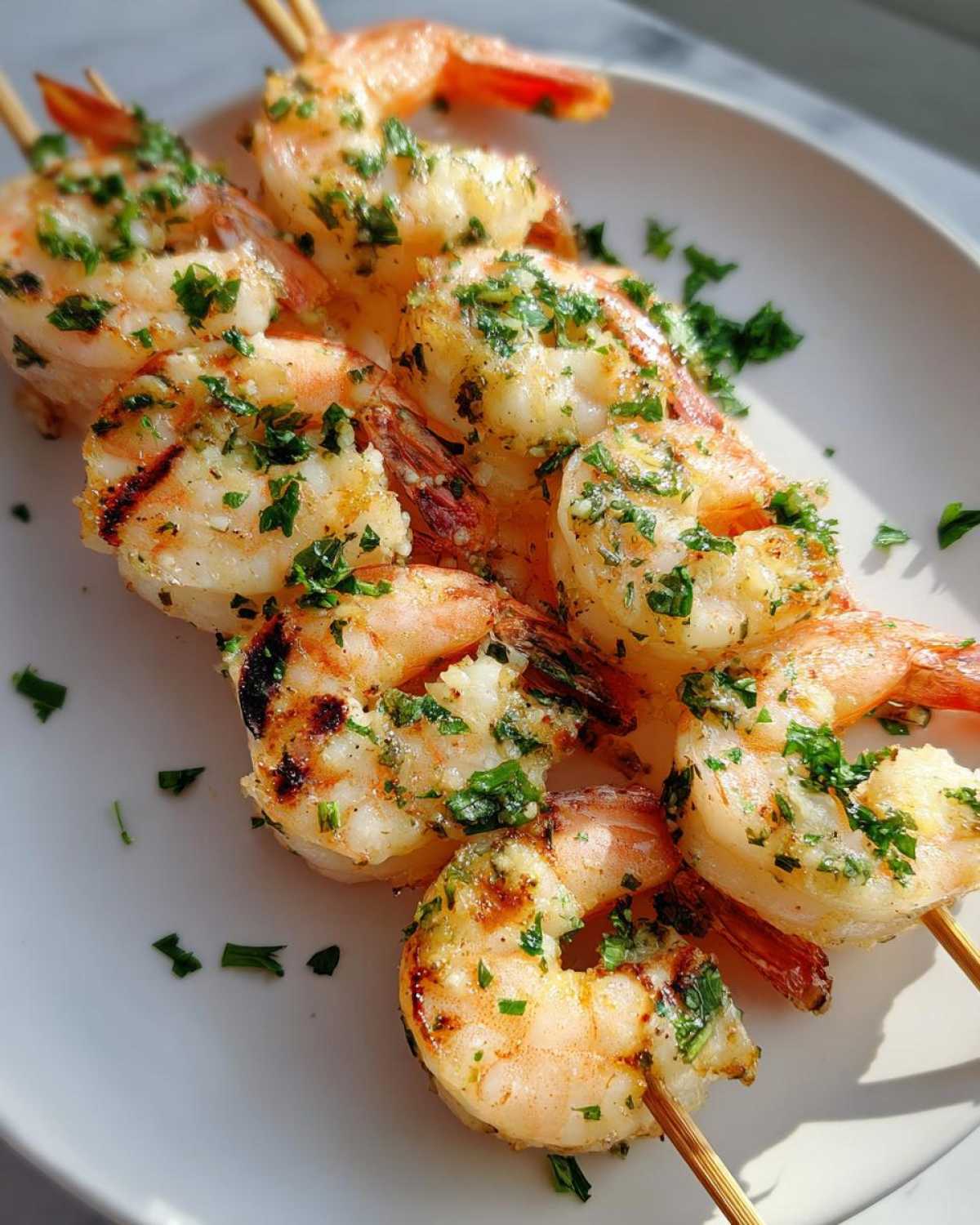 Close-up of cooked Air Fryer Garlic Butter Shrimp Skewers seasoned with parsley on a white plate.